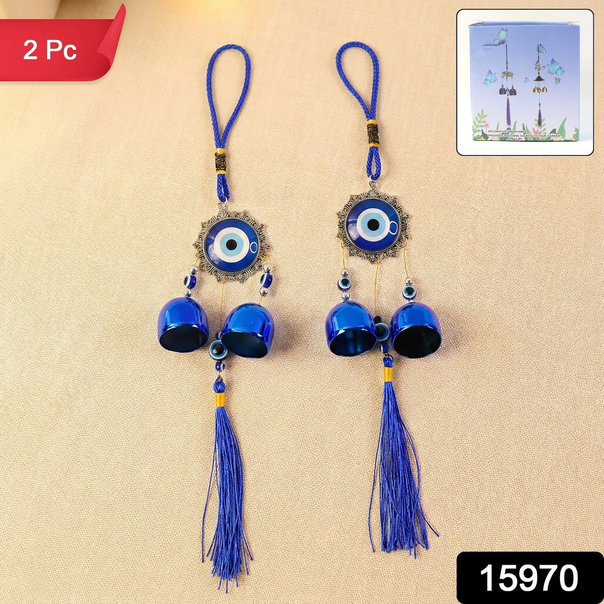 Evil Eye Wind Chime with Bells and Tassels for Home Decor (2 Pc Set)