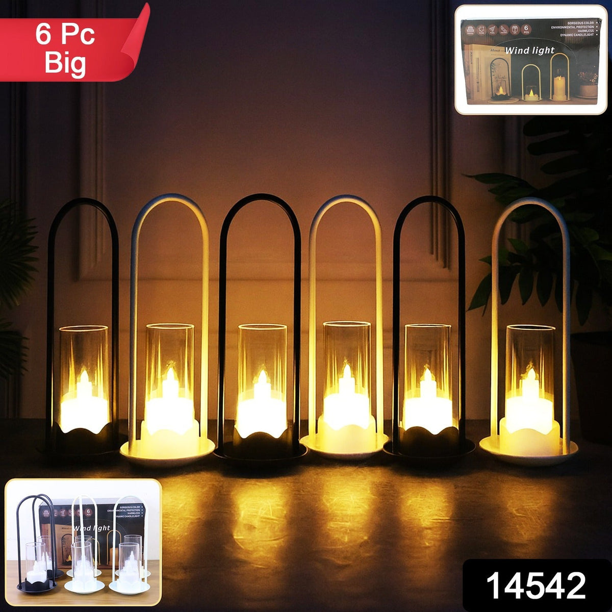 Six LED wind lanterns in black and white, with packaging boxes shown in the top right and bottom left corners.