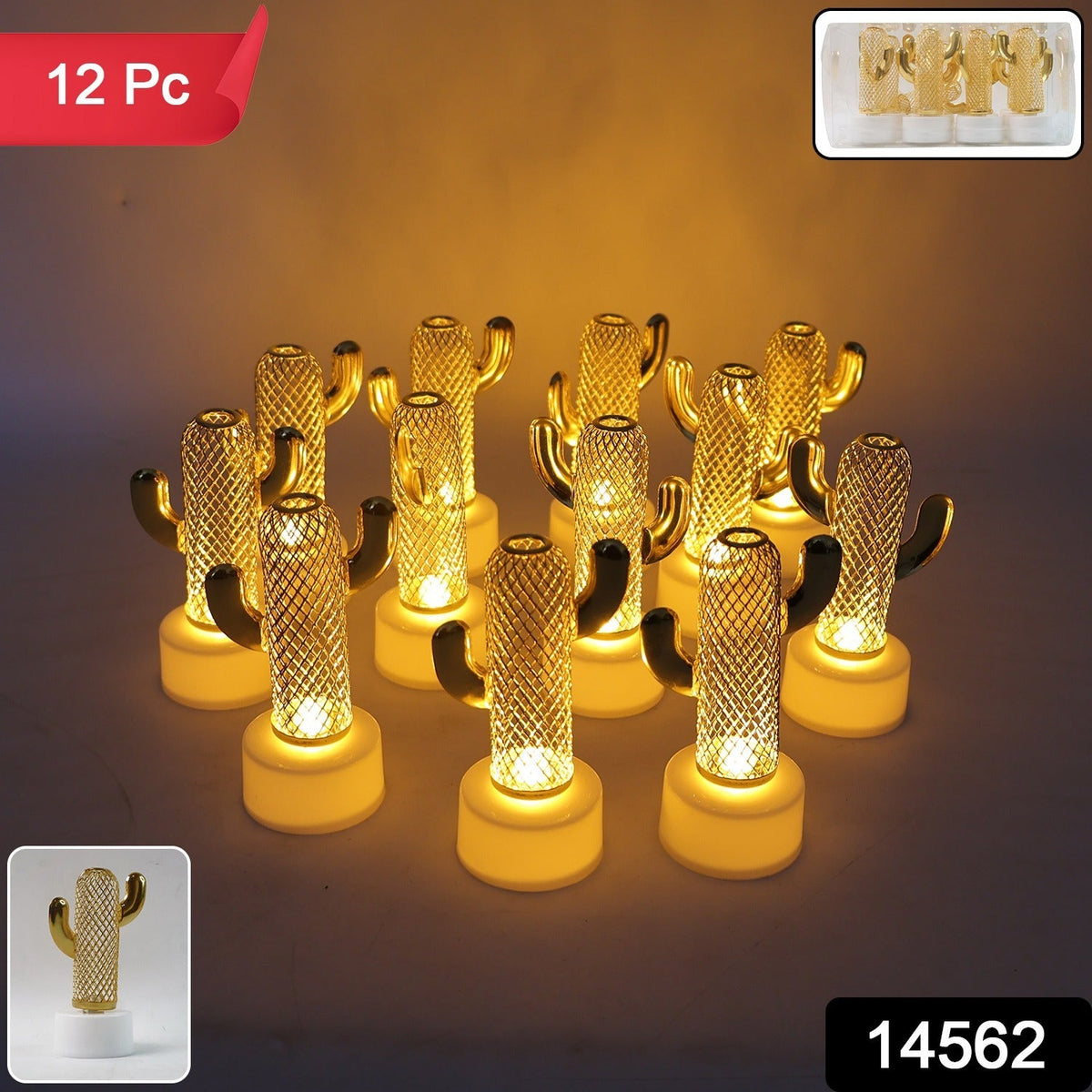 Twelve glowing cactus-shaped LED lights on a dark surface, with a small inset showing the packaging for four lights.