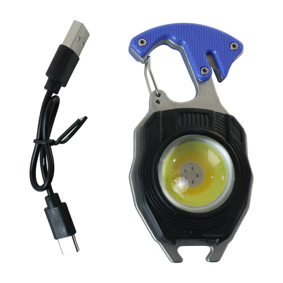 The black and silver keychain light with a blue clip is displayed next to its black USB-C charging cable on a white