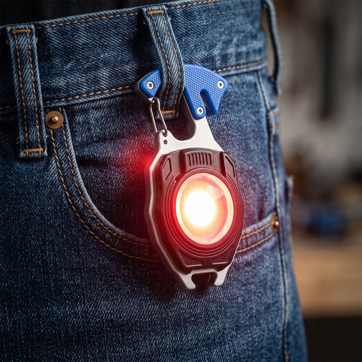 A black and silver multifunction keychain light with a blue clip hangs from a jean belt loop, emitting a bright red – view 7