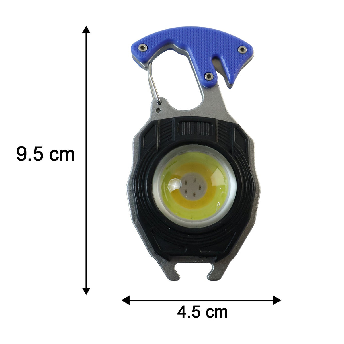 The black and silver keychain light with a blue clip is shown with dimensions: 9.5 cm height and 4.5 cm width.