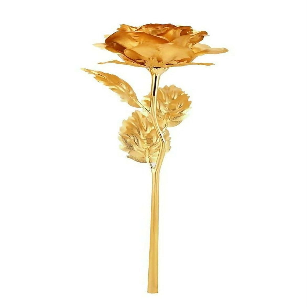 A detailed view of a gold-plated rose with a long stem and multiple leaves on a white background.