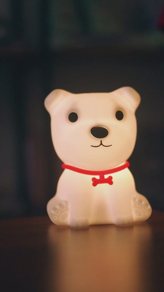 Sitting Puppy Dog Night Light Lamp with Red Neck Band - Soft Silicone, 7 Color LED | USB Rechargeable for Kids & Baby Rooms | Onebest
