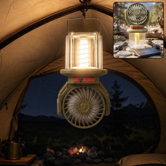 Solar rechargeable camping fan with LED lantern