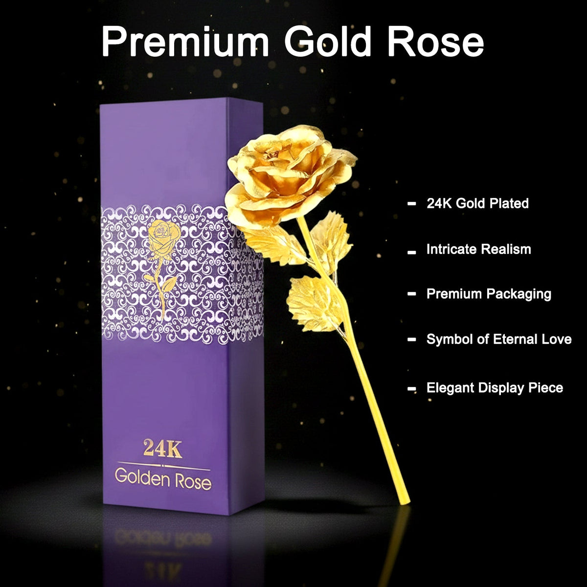 A gold-plated rose stands beside a purple gift box, with text listing product features on a black background.