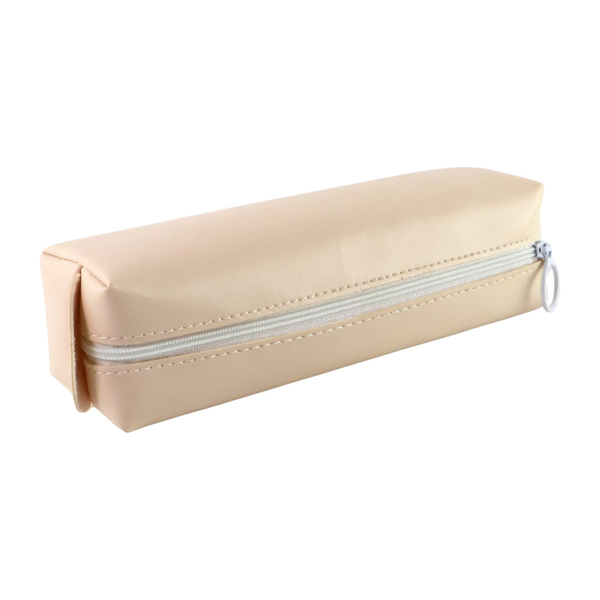 Closed beige pencil case with a white zipper and pull tab on a clean white background.