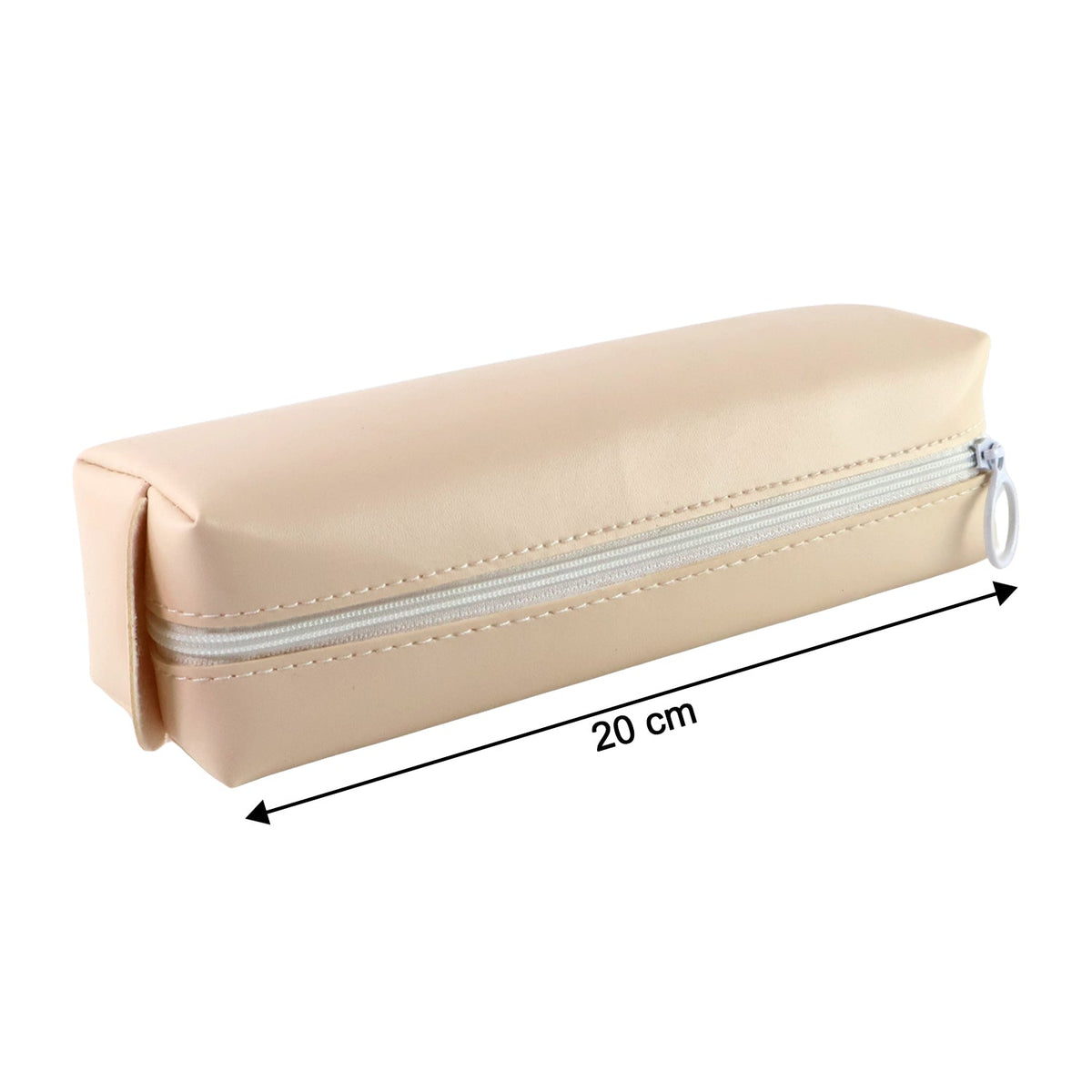 Beige pencil case with a white zipper and pull tab, showing a 20 cm length measurement.